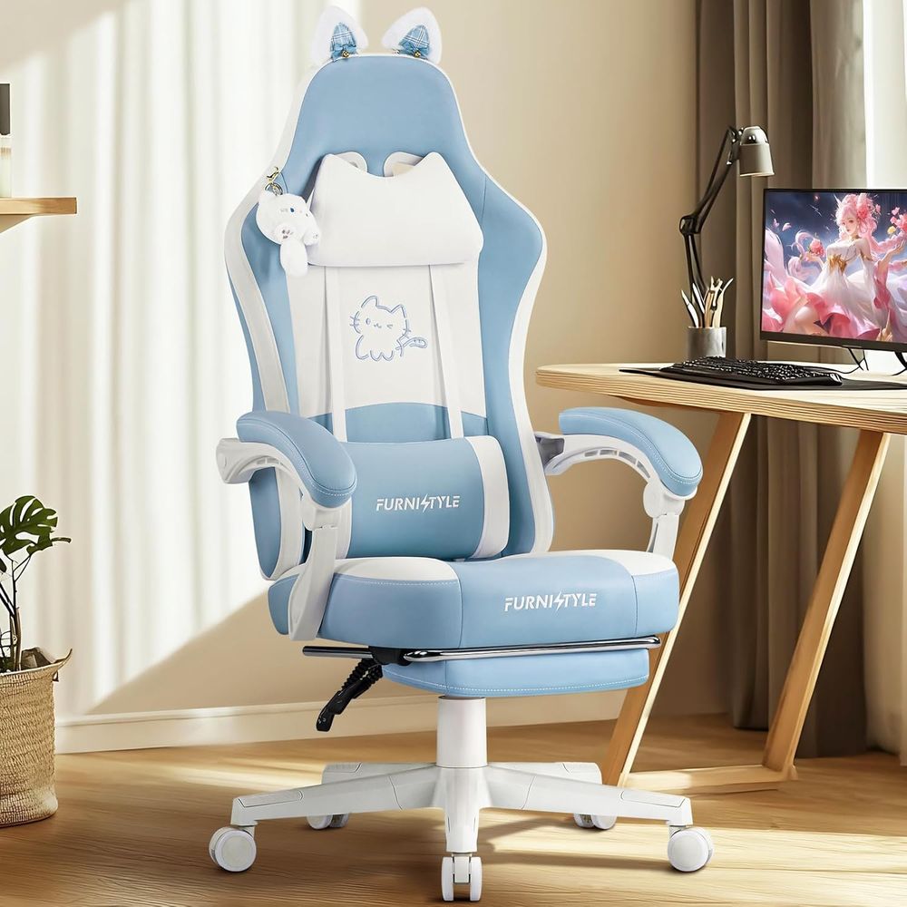 Gaming & Esports District - Ergonomiczne niebiesko-białe krzesło gamingowe z podparciem
